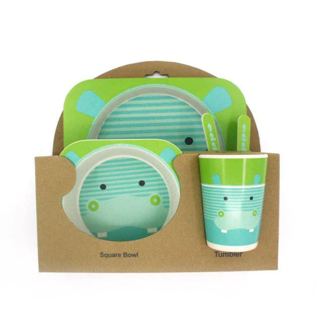 5-piece eco-friendly bamboo fiber children's tableware set with animal designs, including plate, bowl, cup, fork, and spoon