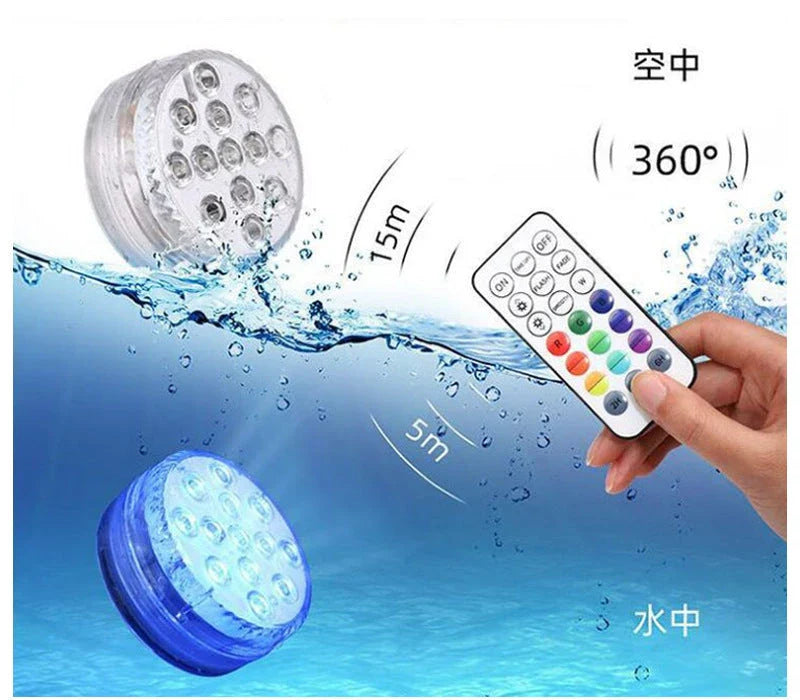 Radiant Underwater LED Lights in various aquatic settings, including pools, fountains, and spas