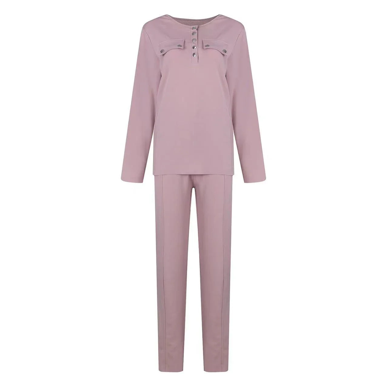 Cozy two-piece loungewear set with crew-neck sweater top and drawstring pants in pink, grey, and navy blue colors
