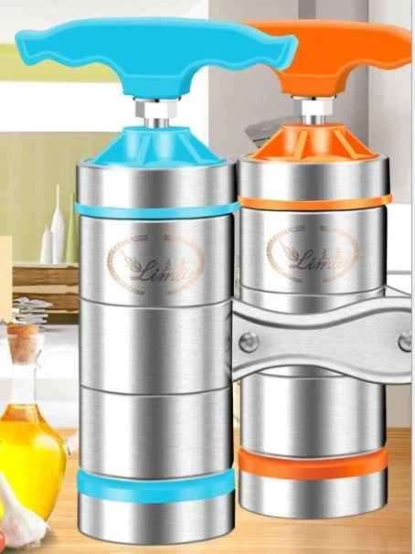 Stainless steel pasta maker with interchangeable noodle molds for creating homemade pasta in various shapes and sizes