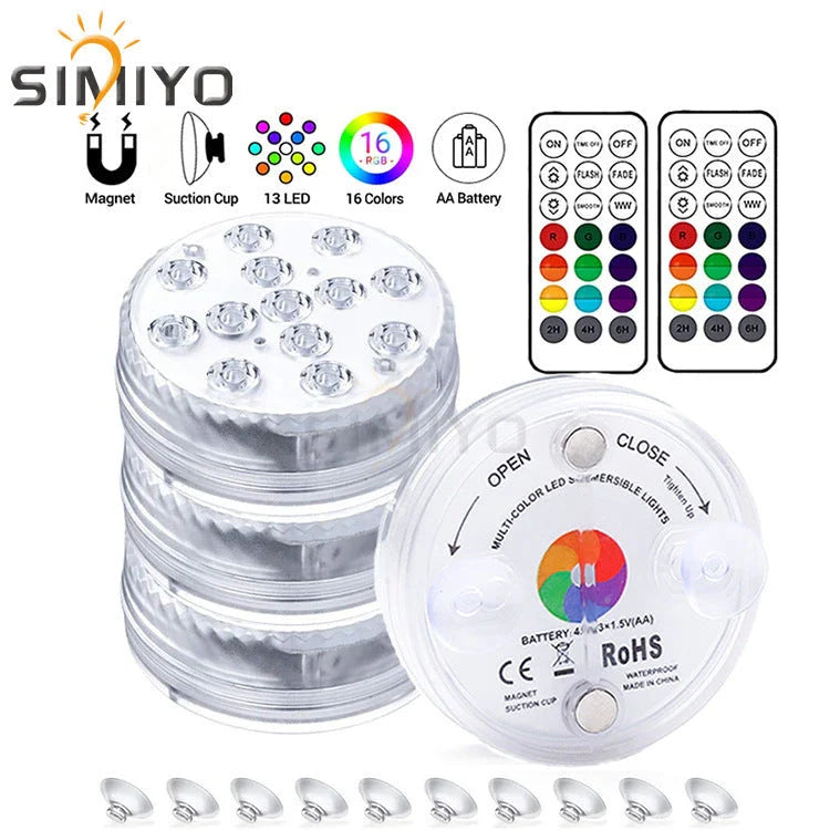 Radiant Underwater LED Lights in various aquatic settings, including pools, fountains, and spas