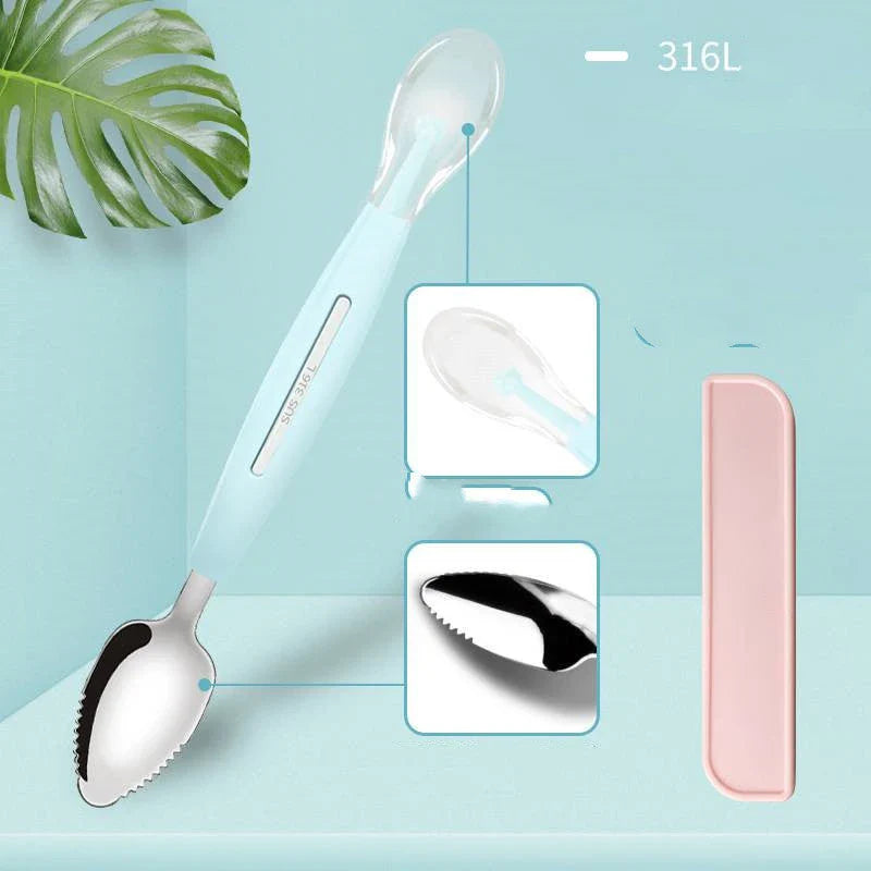 Stainless steel fruit spoon with sawtooth edge and dual-headed design for easily scooping grapefruit and desserts