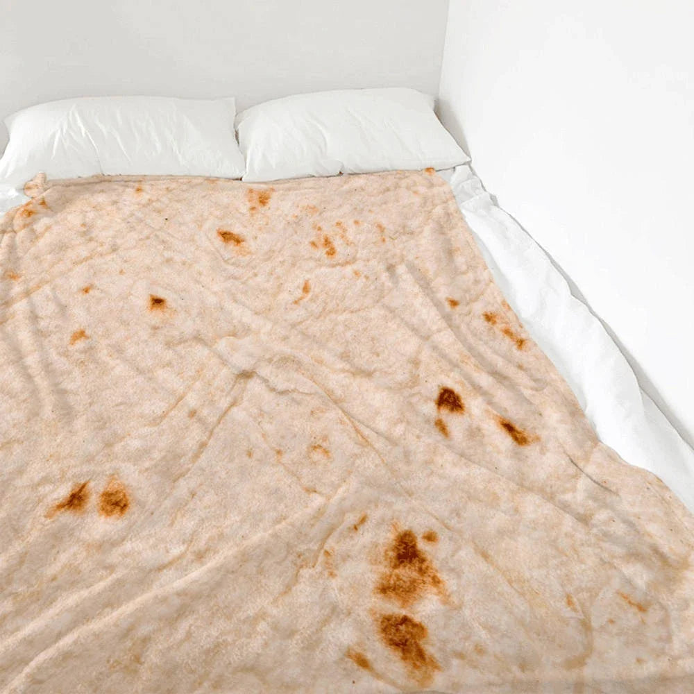 Cozy, soft, and versatile flannel burrito blanket in a unique round shape with a playful, delicious-looking design