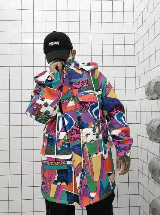 Graffiti Trench Coat in 100% cotton with unique urban design, available in multiple sizes