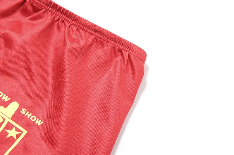 Red women's high waist hip lift printed shorts bikini set with 3D effect.