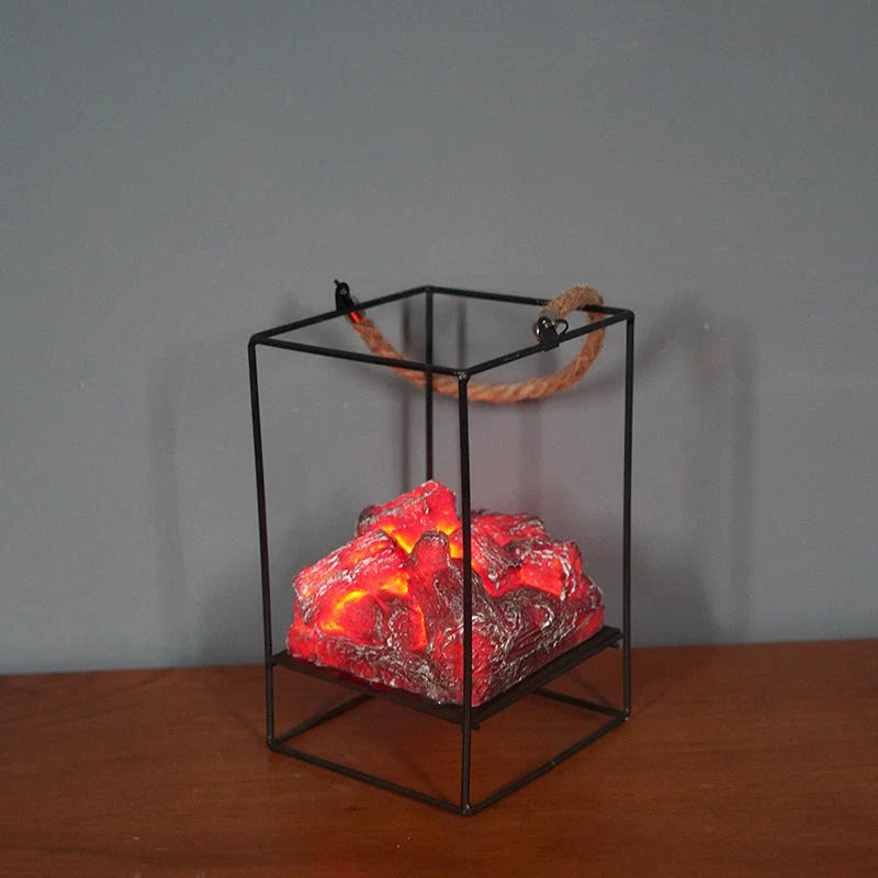 LED Flame Fireplace Lamp with simulated charcoal effect, creating a cozy and inviting ambiance in a living room.