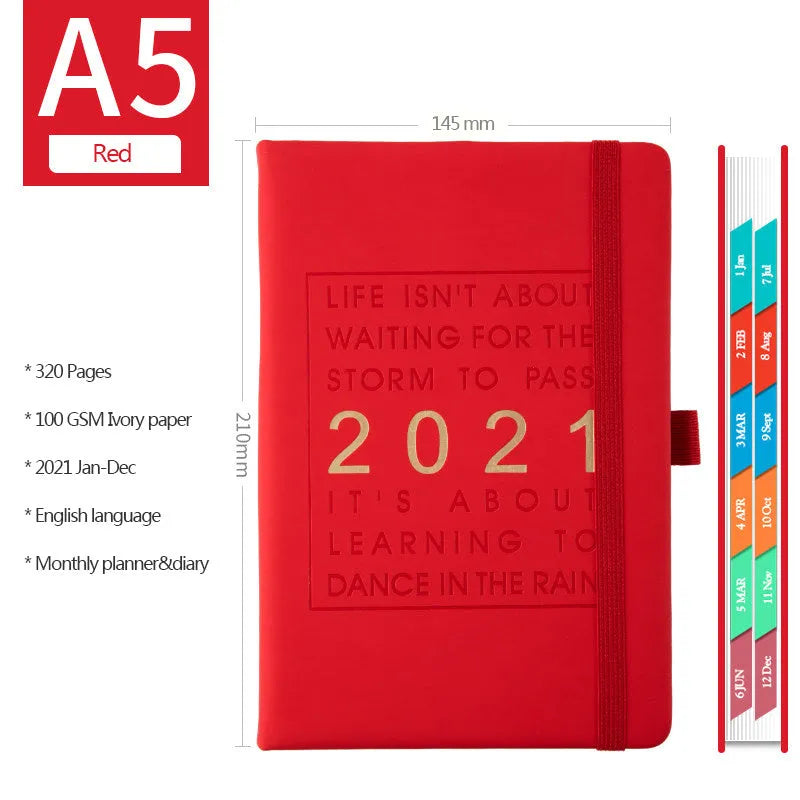 A5 daily planning notebook with imitation leather cover in five colours, open to show calendar and writing pages.