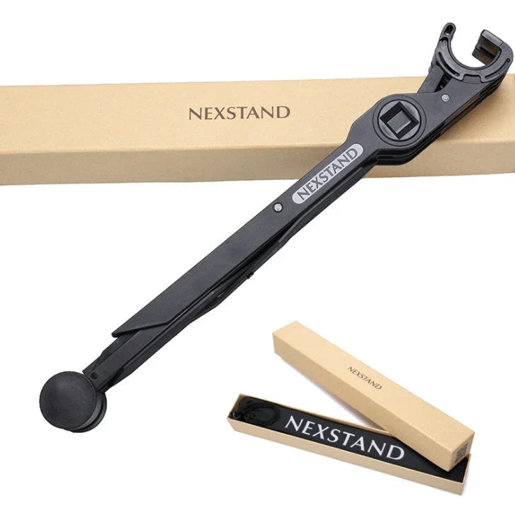 Stylish desktop computer stand with a sleek black metal frame and a wooden surface, elevating a laptop or desktop computer to an optimal viewing height.
