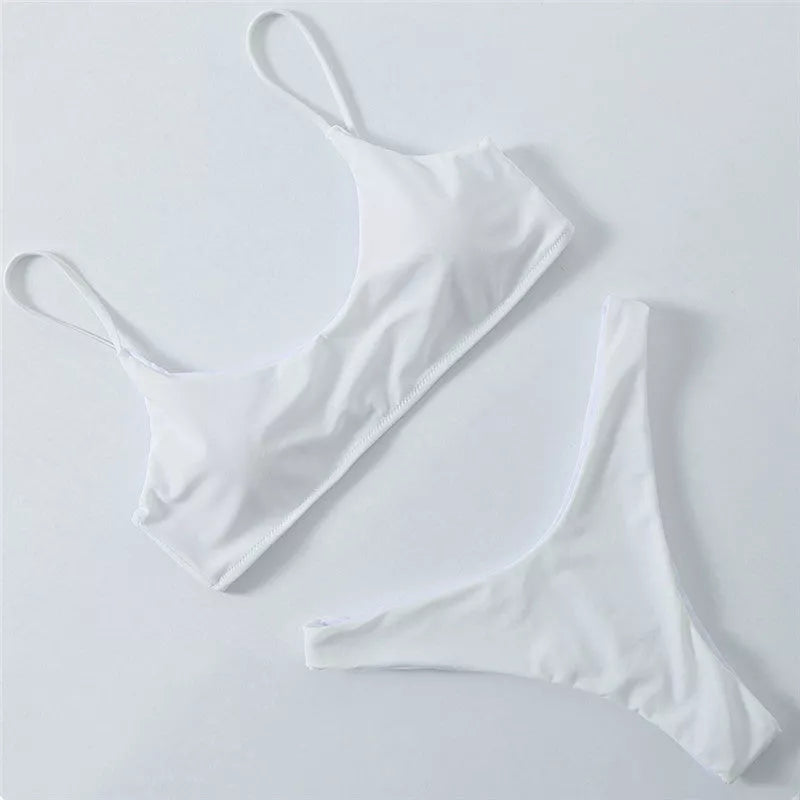 European and American split swimwear in nylon, available in Black, Blue, Coffee, and White