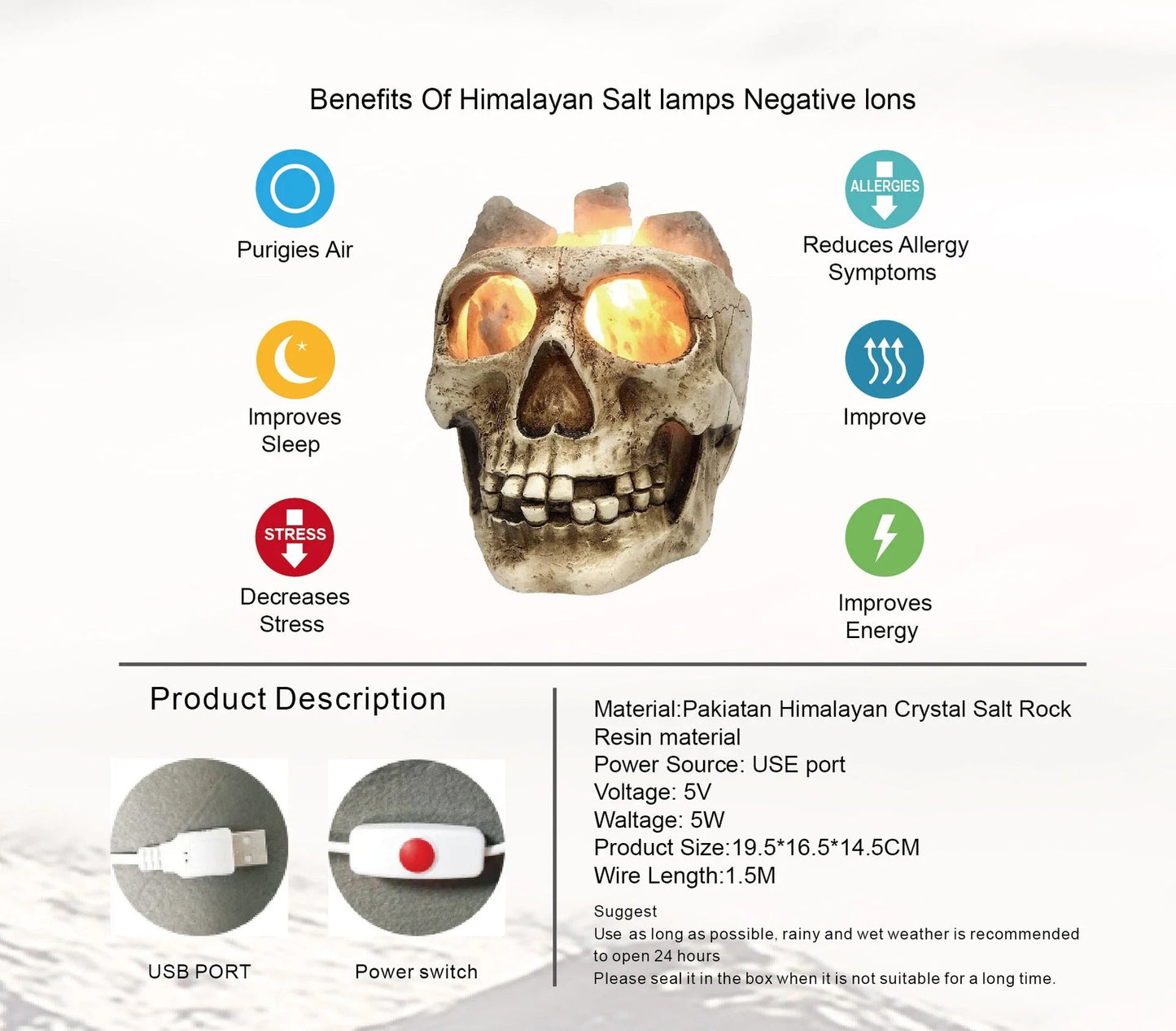 Himalayan Salt Lamp with Skull Design: Air Purifier, Dimmable Lighting, Stress Relief