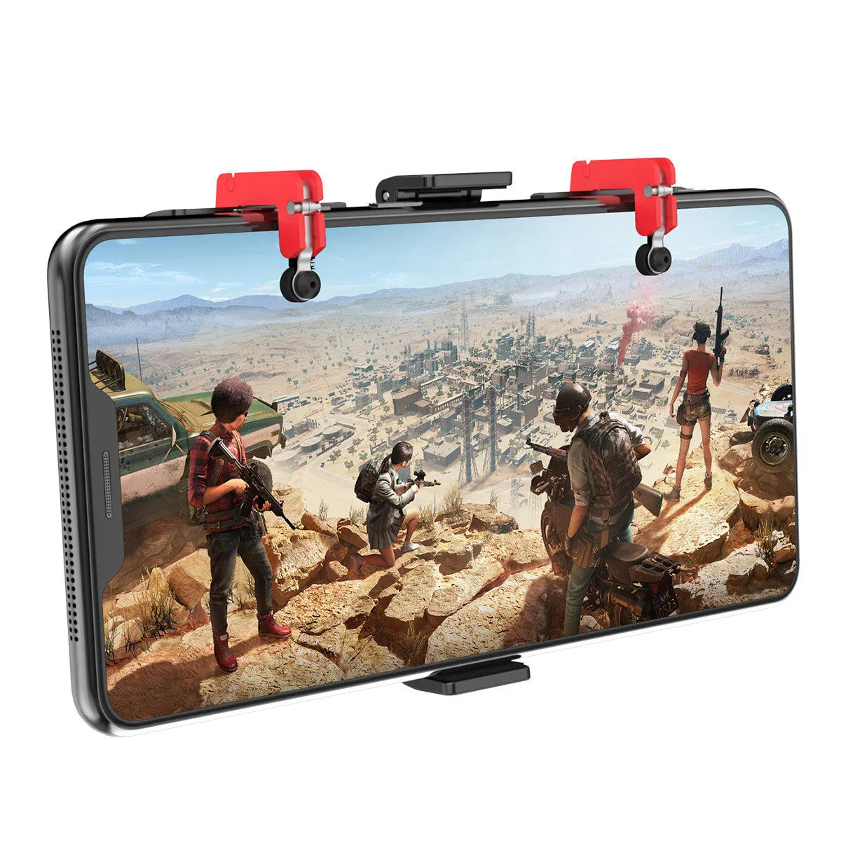 Black mobile gaming phone bracket with an adjustable trigger button and telescopic fixing clip extended.