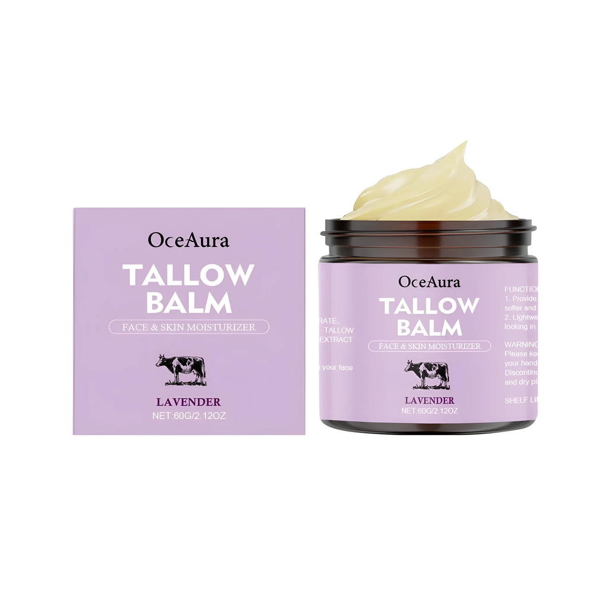 60g jar of lavender cow fat moisturising cream on a plain background