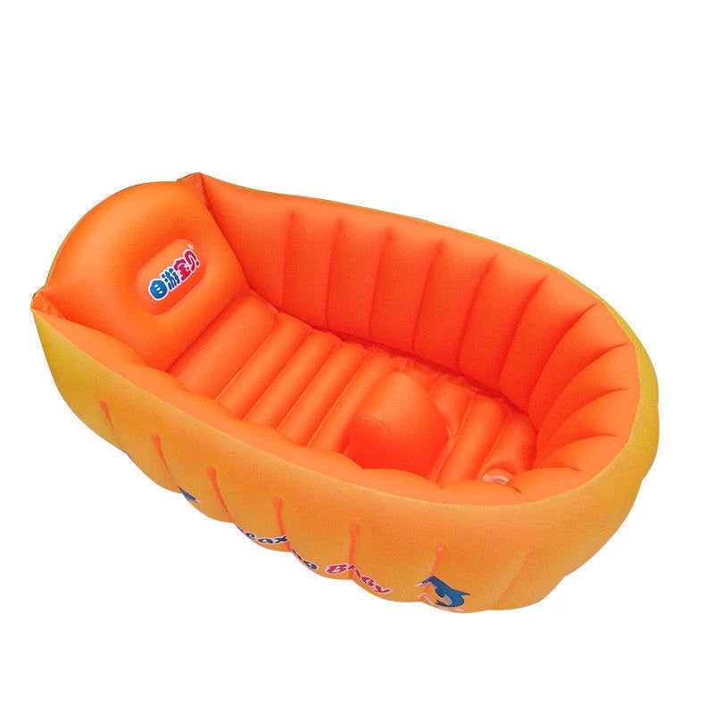 Inflatable baby bath tub with flower-shaped design, available in blue and orange colors