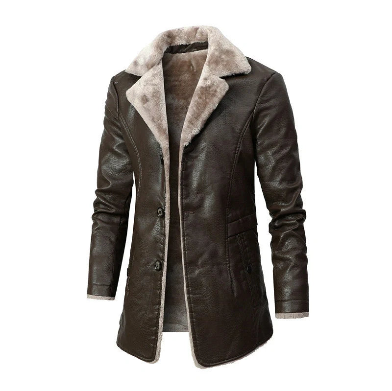 Premium leather jacket with plush lapel, fleece lining, and single-breasted closure for men's winter wear