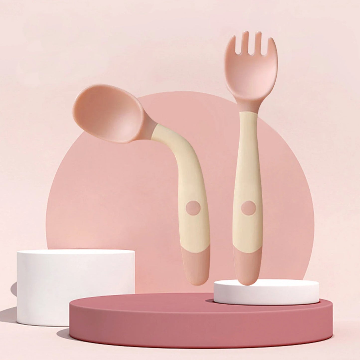 Flexible silicone baby spoon and fork set with ergonomic design for toddlers to learn self-feeding comfortably