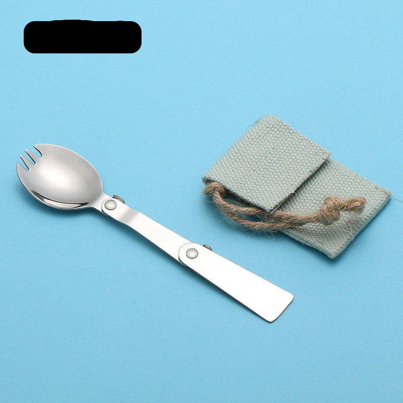 Compact titanium folding spoon with a canvas carrying case, perfect for outdoor dining and camping adventures
