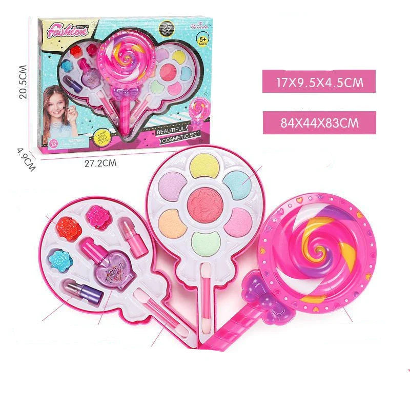 Premium washable makeup kit for little girls with vibrant colors and textures, perfect for pretend play and creative expression.