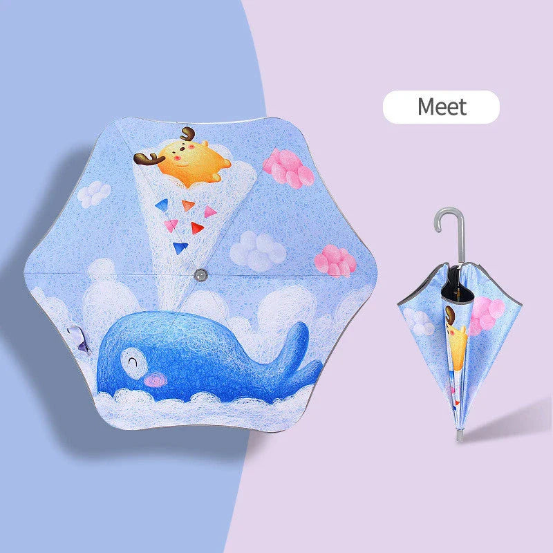 Children's umbrella with rounded corners, reflective trim, and comfortable handle design