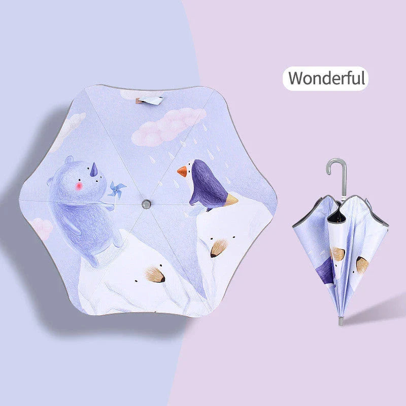 Children's umbrella with rounded corners, reflective trim, and comfortable handle design