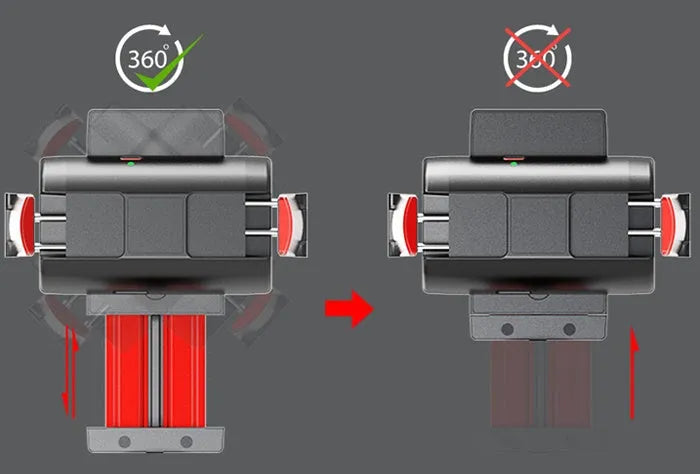 Black aluminium tripod extended to full height with a mobile phone clamped, showing the video stabiliser mechanism.