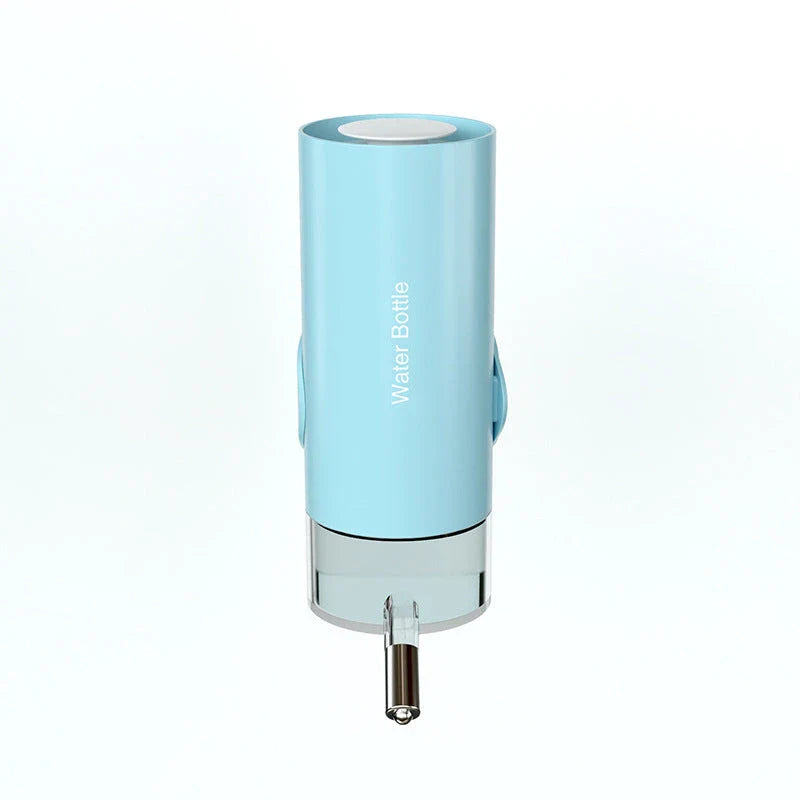 Hanging pet water dispenser with 360-degree rotation adjustment, available in blue, sky blue, pink, and white colors with 500ml or 700ml capacity