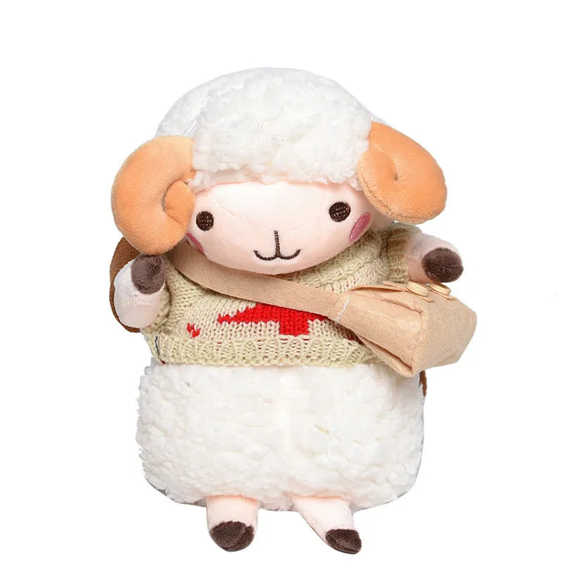 Little Sheep plush crossbody bag in blue, showing square shape, lamb pattern, and zipper.