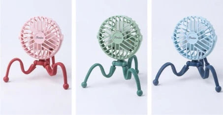 Cute animal-themed mini desk fan with 3 wind speeds, USB rechargeability, and LED lights for strollers, beds, and outdoor use