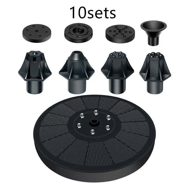 Black solar floating fountain pump with 4 nozzle heads for garden ponds and birdbaths