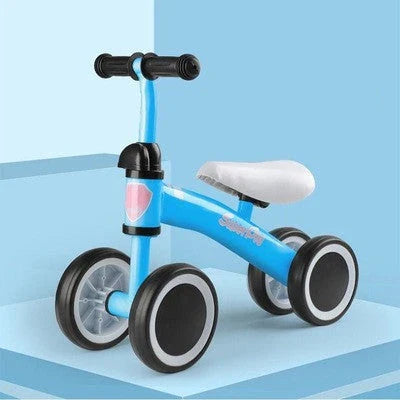 A stylish no-pedal balance bike with three wheels, vibrant colors, and optional light-up and music features for kids