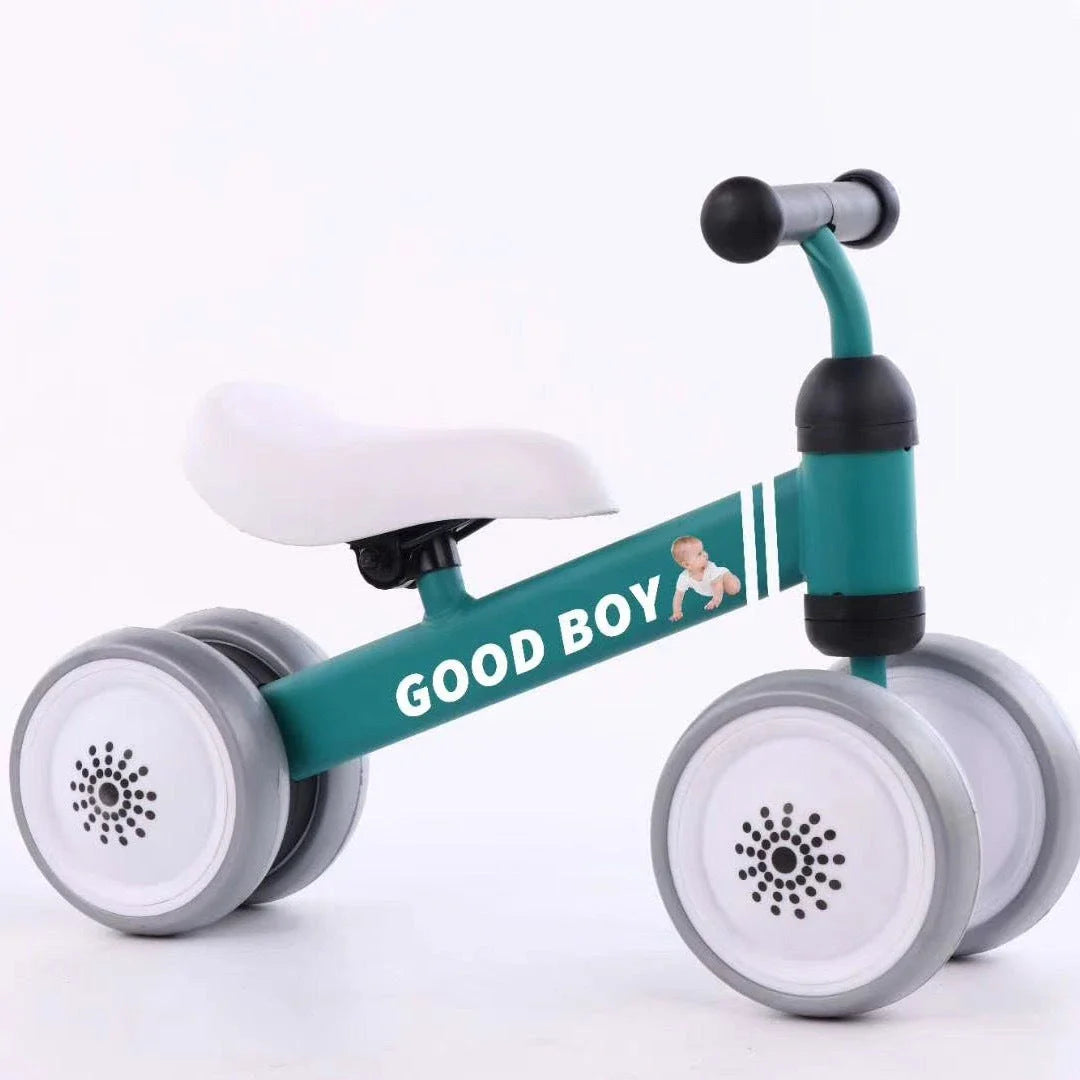 A stylish no-pedal balance bike with three wheels, vibrant colors, and optional light-up and music features for kids