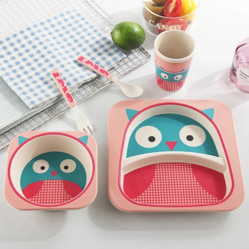5-piece eco-friendly bamboo fiber children's tableware set with animal designs, including plate, bowl, cup, fork, and spoon