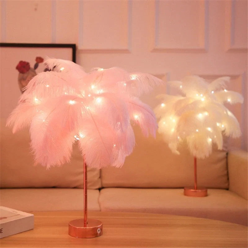 Elegant cordless feather table lamp with remote control, offering warm, cozy lighting for your home decor