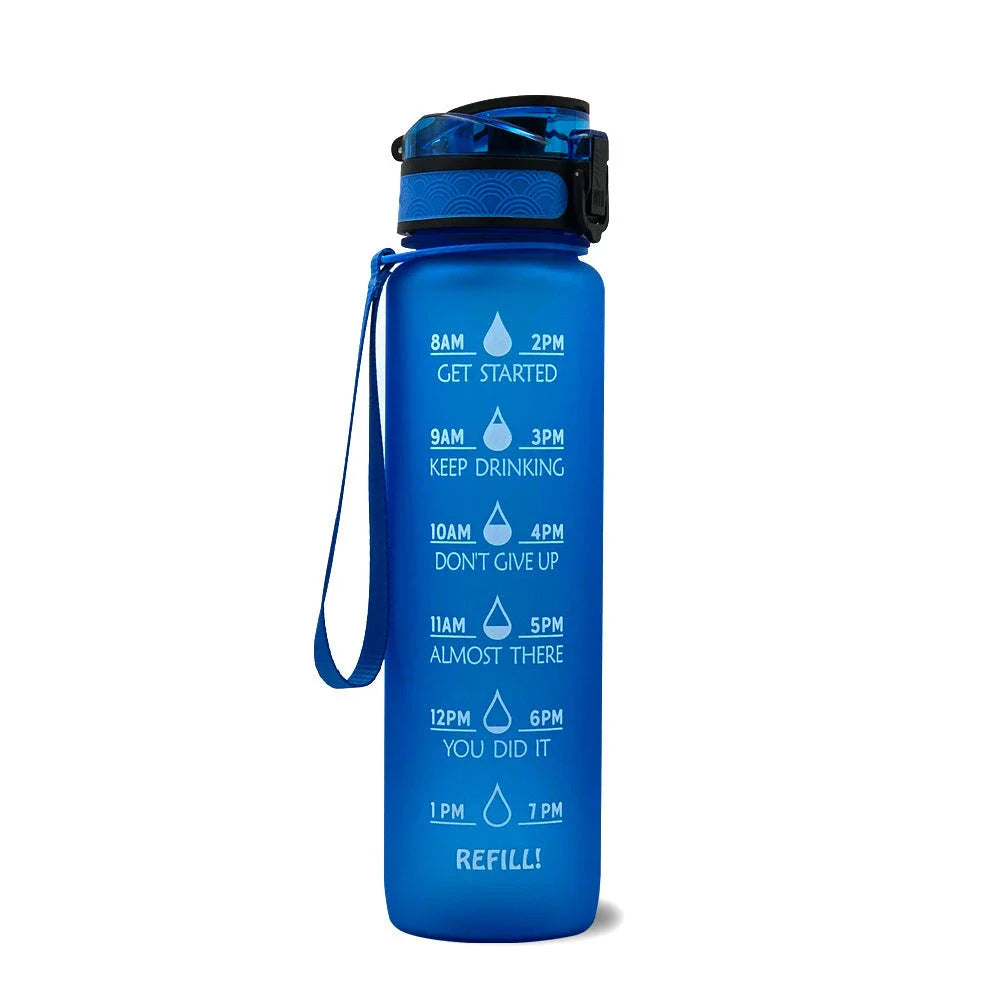 1-Liter Tritan Sports Water Bottle with Time Markers, Bounce Cover, and Motivational Design