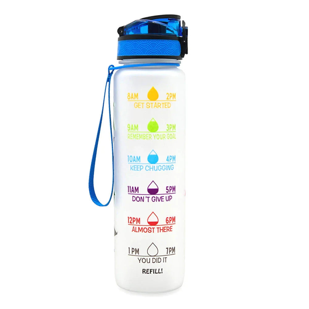 1-Liter Tritan Sports Water Bottle with Time Markers, Bounce Cover, and Motivational Design