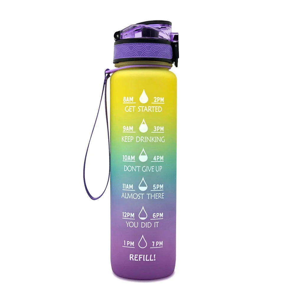 1-Liter Tritan Sports Water Bottle with Time Markers, Bounce Cover, and Motivational Design