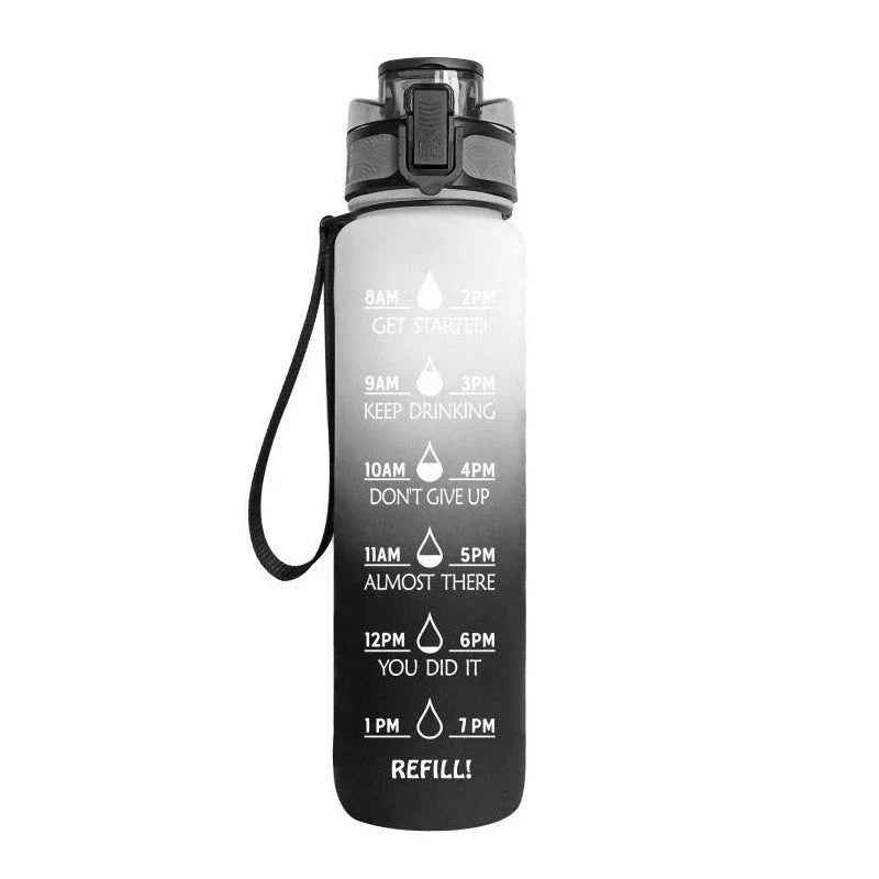 1-Liter Tritan Sports Water Bottle with Time Markers, Bounce Cover, and Motivational Design