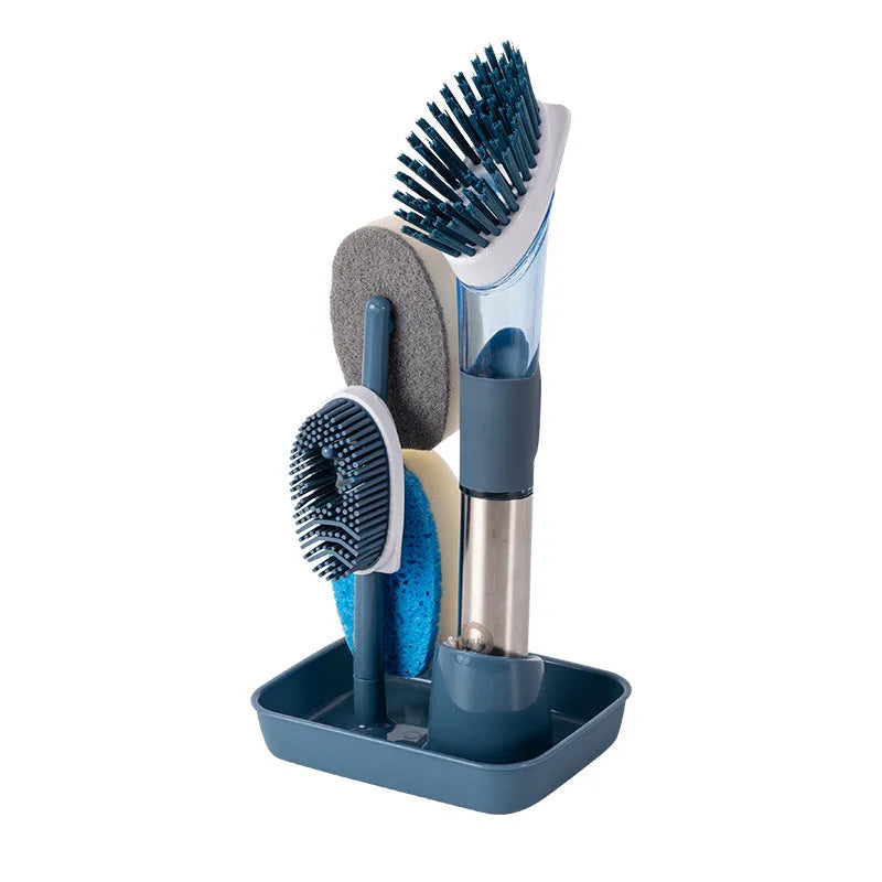 Long-handled kitchen cleaning brush with a soap dispenser button and a blue sponge head