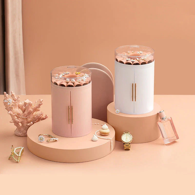 Elegant jewelry organizer with transparent cover, multi-level design, and customizable rotating base for storing and displaying jewelry