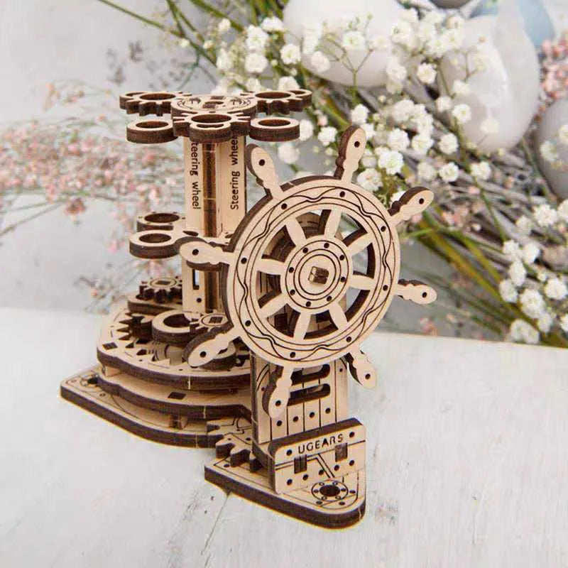 Ukrainian wooden rotating pen holder with steering wheel design on desk