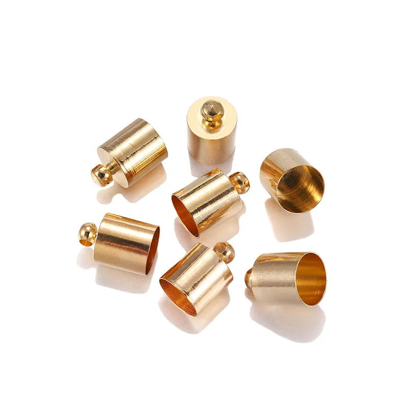 Assorted copper weight caps in gold, silver, and bronze electroplated finishes, shown in different sizes for jewellery making.