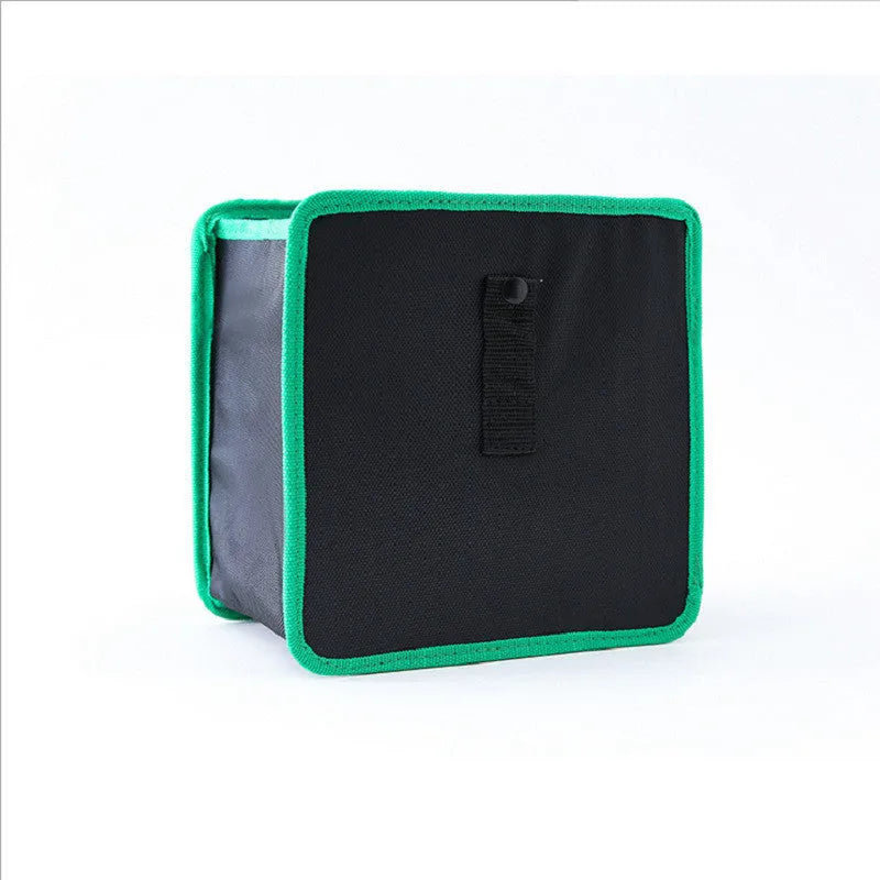 Hanging car trash can in Oxford cloth, 22x22x14.5cm, shown in grey, black, red, and green colour options.