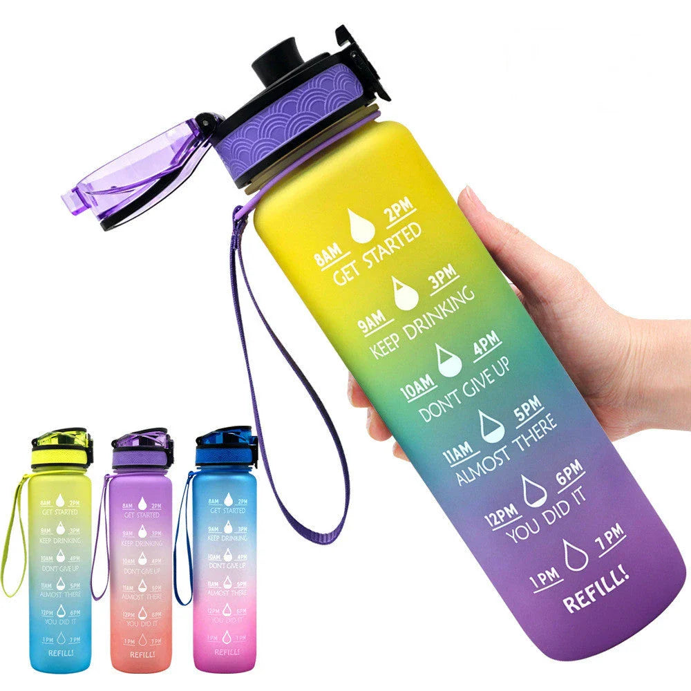 1-Liter Tritan Sports Water Bottle with Time Markers, Bounce Cover, and Motivational Design