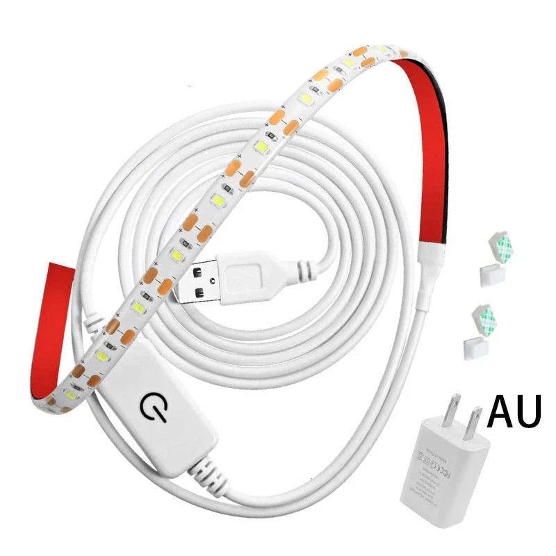 Adjustable sewing machine LED light bar with touch-sensitive dimming controls for customizable illumination