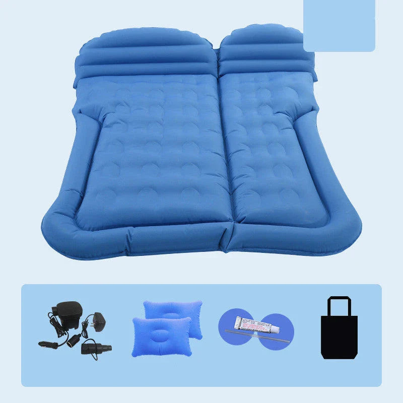 Premium inflatable car mattress with soft flocking material, compact folding design, and on-board electric pump for comfortable napping and relaxation during road trips and outdoor adventures.