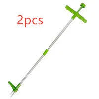 Aluminium and plastic manual weed puller tool for garden use, shown with its instruction booklet.