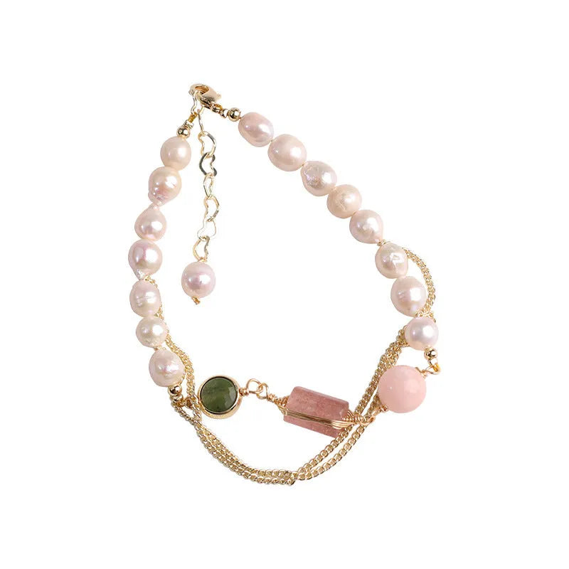 Women's geometric freshwater pearl bracelet with strawberry crystal accents in UG309 pink