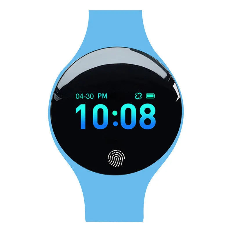 Blue smart watch with black strap showing 0.66-inch screen, vibrating alarm, and pedometer functions on a wrist.