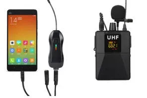 Little Bee X3 black wireless lavalier microphone with clip, transmitter, receiver, and USB-C adapter on a table.