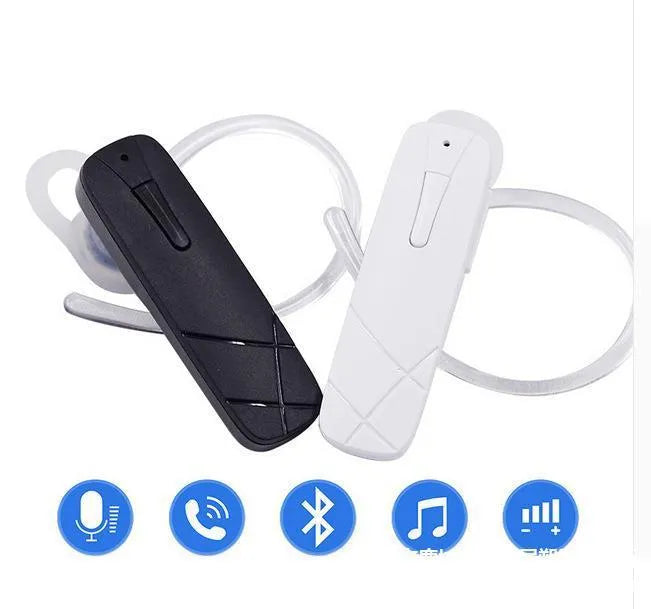 Black and white wireless Bluetooth earphones showing compact earplug design.