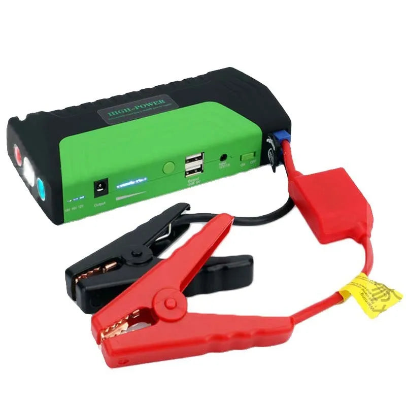 Portable car jump starter 33.3Wh with 5V 12V 16V 19V outputs and LED lighting, 165x79x40mm, green red yellow
